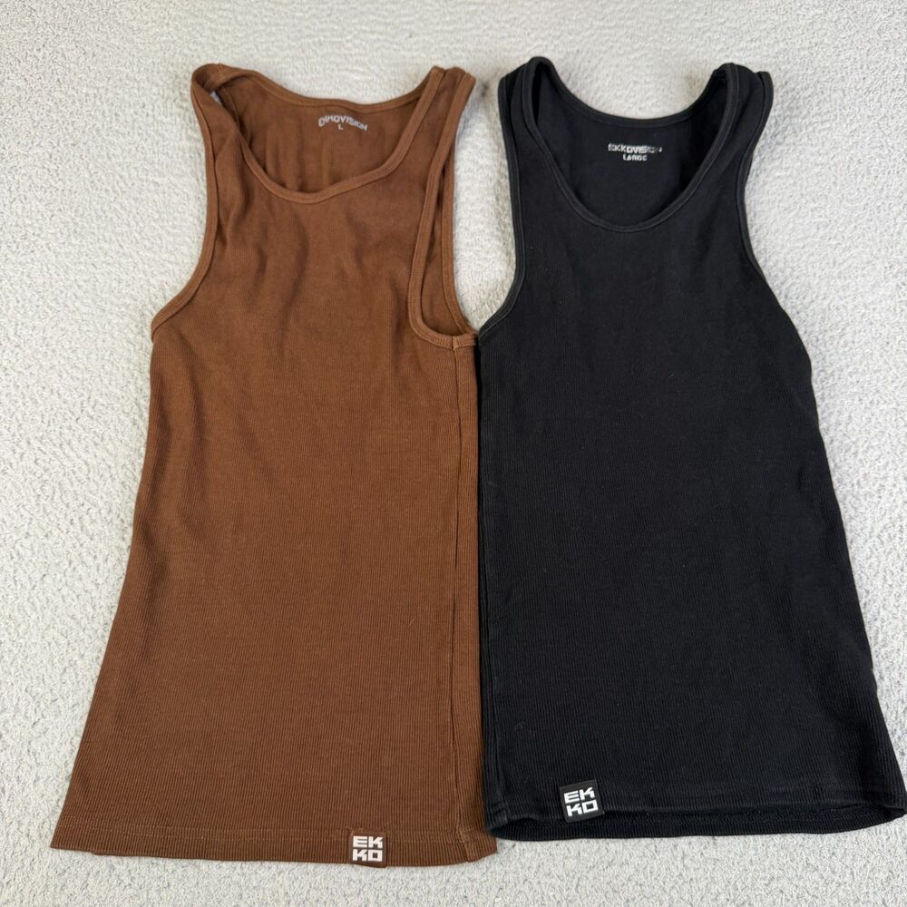 LOT OF 2 RIBBED Tank Top Women L Brown Black Knit Fitness Training Ekkovision